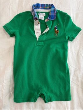 Ralph Lauren Green Polo Romper with Plaid Collar 24M